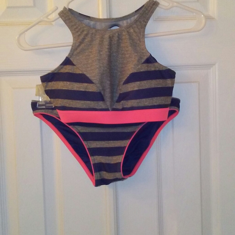 Neon Tide pink blue and grey striped 👙
